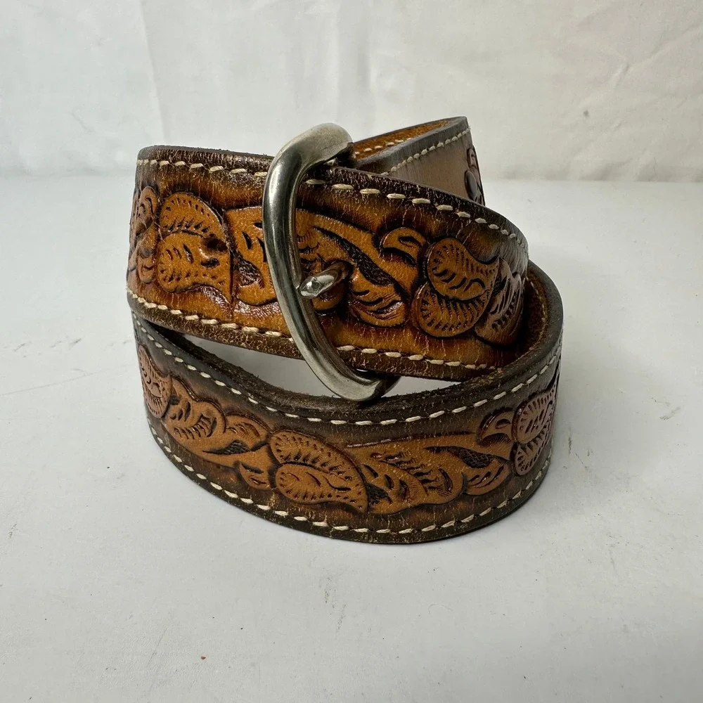 Vintage Hand Tooled Leather Floral Belt Brown Western Boho Silver Buckle 31in